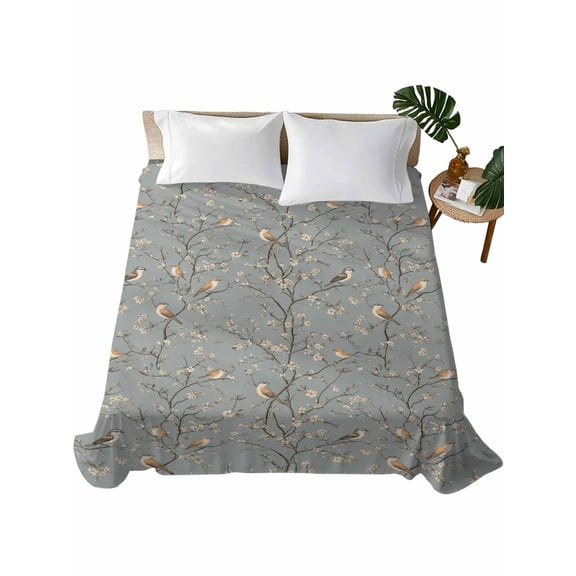 Twin Flat Sheet 66"x96", Tree Birds Soft Lightweight Bedding Flat Sheets Only, Vintage Grey Flower Floral Branch Spring Brushed Microfiber Top Bed Sheet, Breathable StainResistant Bedsheets