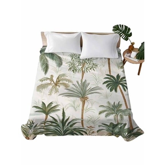 Twin Flat Sheet 66"x96", Tropical Green Palm Tree Soft Lightweight Bedding Flat Sheets Only, Summer Beach Botanical Brushed Microfiber Top Bed Sheet, Breathable StainResistant Bedsheets