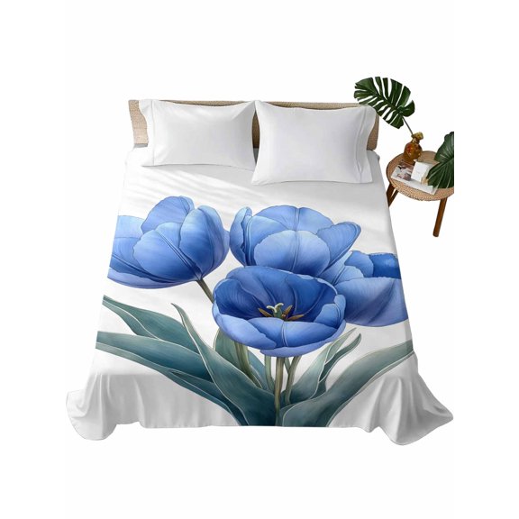 Twin Flat Sheet 66"x96", Tulip Floral Soft Lightweight Bedding Flat Sheets Only, Blue Flowers Pastoral Elegant Plants Brushed Microfiber Top Bed Sheet, Breathable StainResistant Bedsheets