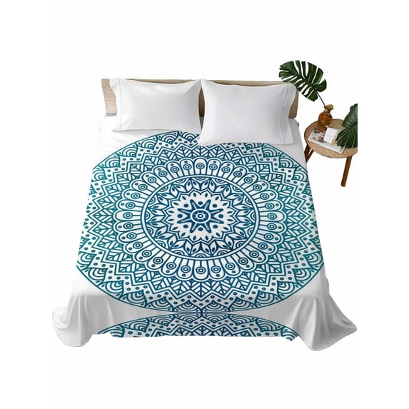 Twin Flat Sheet 66"x96", Turquoise Boho Soft Lightweight Bedding Flat Sheets Only, Retro Ethnic Teal Geometric Aesthetic Brushed Microfiber Top Bed Sheet, Breathable StainResistant Bedsheets