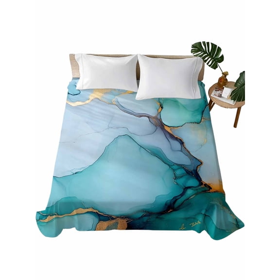 Twin Flat Sheet 66"x96", Turquoise Marble Soft Lightweight Bedding Flat Sheets Only, Abstract Green Modern Luxury Cracks Brushed Microfiber Top Bed Sheet, Breathable StainResistant Bedsheets
