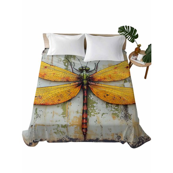 Twin Flat Sheet 66"x96", Vintage Dragonfly Soft Lightweight Bedding Flat Sheets Only, Spring Summer Abstract Oil Painting Brushed Microfiber Top Bed Sheet, Breathable StainResistant Bedsheets