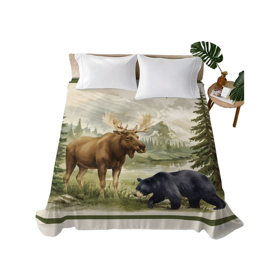 Twin Flat Sheet 66"x96", Vintage Elk Mountain Soft Lightweight Bedding Flat Sheets Only, Retro Forest Lake Moose Brushed Microfiber Top Bed Sheet, Breathable StainResistant Bedsheets