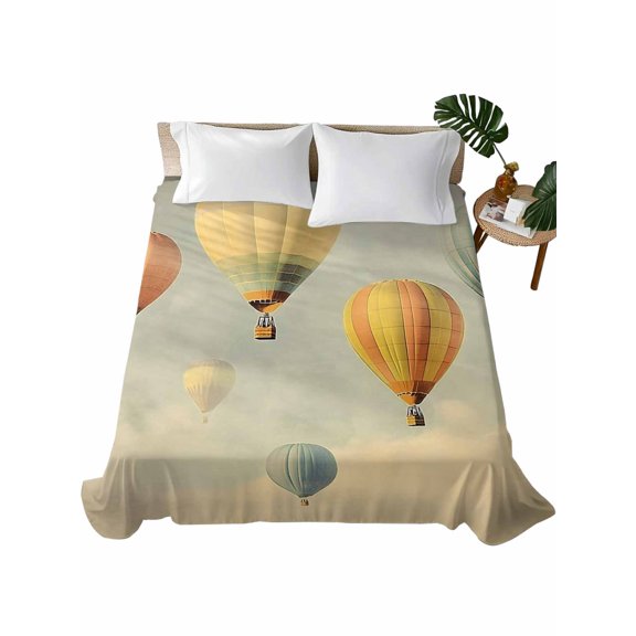 Twin Flat Sheet 66"x96", Vintage Hot Air Balloon Soft Lightweight Bedding Flat Sheets Only, Modern Balloon Floating Brushed Microfiber Top Bed Sheet, Breathable StainResistant Bedsheets