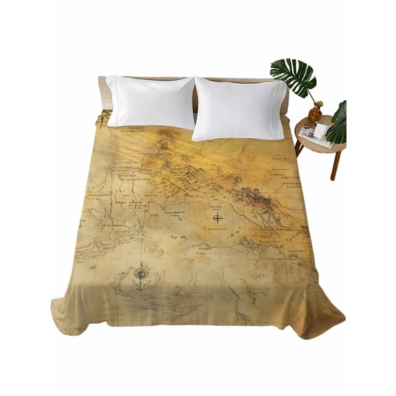 Twin Flat Sheet 66"x96", Vintage Map Soft Lightweight Bedding Flat Sheets Only, Middle Century Farmhouse Natural Landscape Brushed Microfiber Top Bed Sheet, Breathable StainResistant Bedsheets