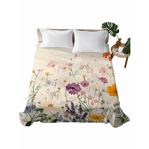 Twin Flat Sheet 66"x96", Vintage Spring Floral Soft Lightweight Bedding Flat Sheets Only, Summer Botanical Flowers Brushed Microfiber Top Bed Sheet, Breathable StainResistant Bedsheets