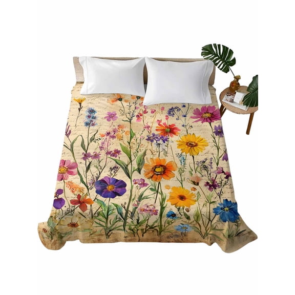 Twin Flat Sheet 66"x96", Vintage Spring Floral Soft Lightweight Bedding Flat Sheets Only, Summer Botanical Pastoral Flowers Brushed Microfiber Top Bed Sheet, Breathable StainResistant Bedsheets