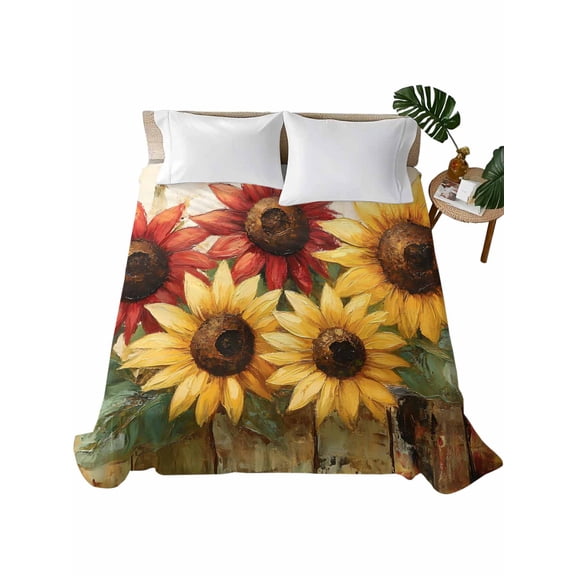 Twin Flat Sheet 66"x96", Vintage Sunflowers Soft Lightweight Bedding Flat Sheets Only, Summer Farmhouse Wooden Country Floral Brushed Microfiber Top Bed Sheet, Breathable StainResistant Bedsheets