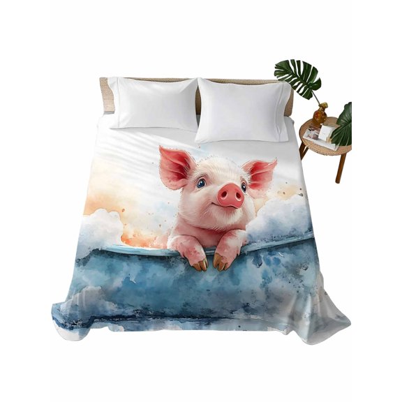 Twin Flat Sheet 66"x96", Watercolor Pig Soft Lightweight Bedding Flat Sheets Only, Pig in Bathtub Modern Art Blue Splashing Brushed Microfiber Top Bed Sheet, Breathable StainResistant Bedsheets