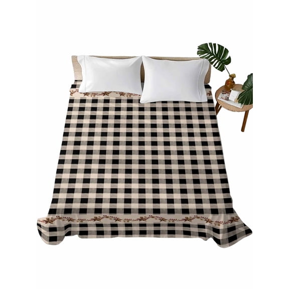 Twin Flat Sheet 66"x96", Western Texas Star Retro Soft Lightweight Bedding Flat Sheets Only, Country Vintage Black Beige Plaid Brushed Microfiber Top Bed Sheet, Breathable StainResistant Bedsheets