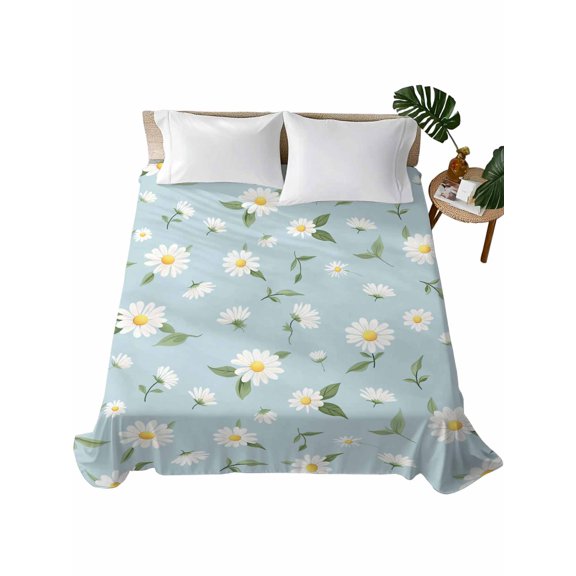 Twin Flat Sheet 66"x96", White Daisy Soft Lightweight Bedding Flat Sheets Only, Country Pastoral Spring Botanical Flowers Brushed Microfiber Top Bed Sheet, Breathable StainResistant Bedsheets