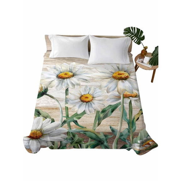 Twin Flat Sheet 66"x96", White Daisy Soft Lightweight Bedding Flat Sheets Only, Vintage Botanical Spring Floral Summer Brushed Microfiber Top Bed Sheet, Breathable StainResistant Bedsheets