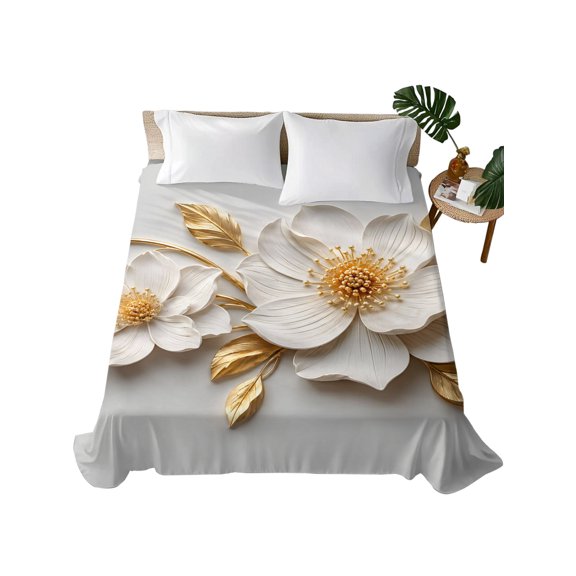 Twin Flat Sheet 66"x96", White Gold Flowers Soft Lightweight Bedding Flat Sheets Only, Modern Chic Blooming Floral Leaves Brushed Microfiber Top Bed Sheet, Breathable StainResistant Bedsheets