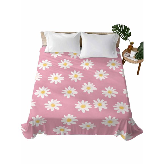 Twin Flat Sheet 66"x96", White Pink Daisy Soft Lightweight Bedding Flat Sheets Only, Spring Summer Floral Farmhouse Brushed Microfiber Top Bed Sheet, Breathable StainResistant Bedsheets