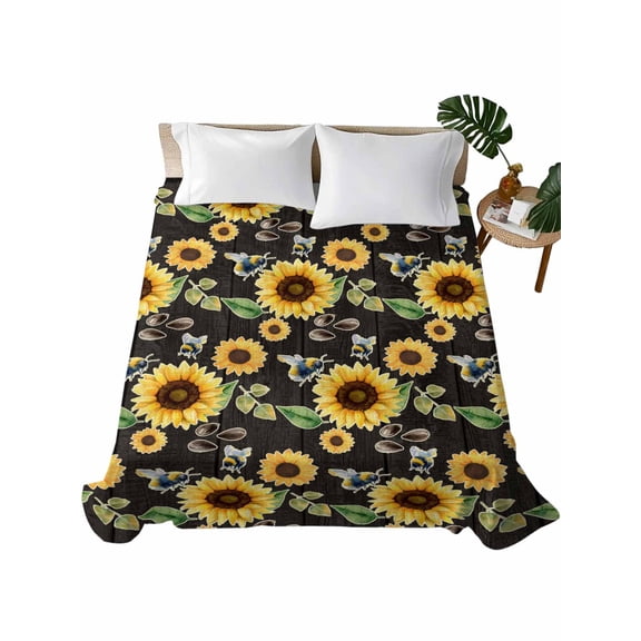 Twin Flat Sheet 66"x96", Yellow Sunflowers Soft Lightweight Bedding Flat Sheets Only, Summer Botanical Elegant Pastoral Bees Brushed Microfiber Top Bed Sheet, Breathable StainResistant Bedsheets