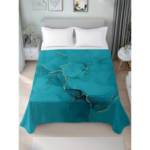 Twin Flat Sheet Only Abstract Teal Marble Liquid Texture Soft Microfiber Cooling Bedding Sheets Modern Stone Art Gold Line Flat Bed Sheet for Hotel, Home Decor