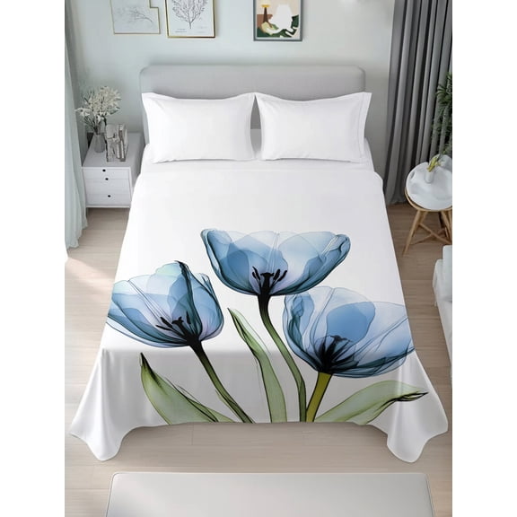 Twin Flat Sheet Only Abstract Watercolor Blue Flower Soft Microfiber Cooling Bedding Sheets Farm Blossom Tulip Flower Flat Bed Sheet for Hotel,Home Decor