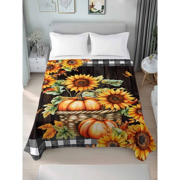 Twin Flat Sheet Only Autumn Harvest Sunflower Pumpkin Soft Microfiber Cooling Bedding Sheets Fall Maple Leaves Brown Wood Flat Bed Sheet for Hotel,Home Decor
