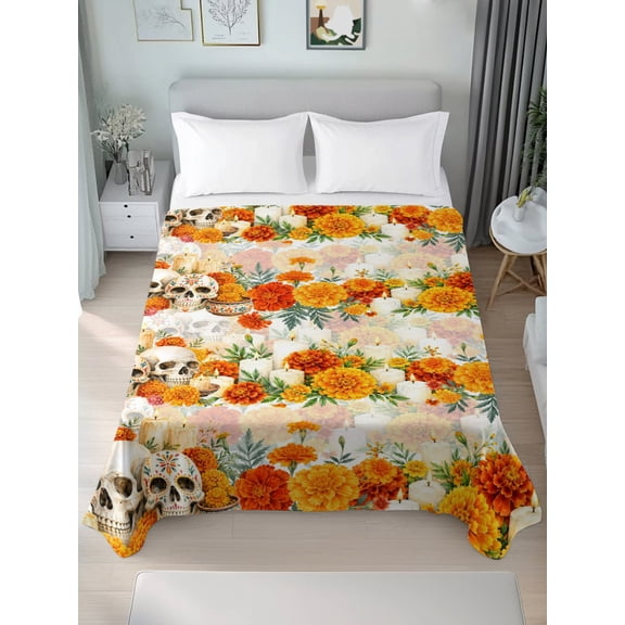 Twin Flat Sheet Only Autumn Marigold Flower Skull Soft Microfiber Cooling Bedding Sheets Watercolor Floral Leaf Candles Flat Bed Sheet for Hotel,Home Decor