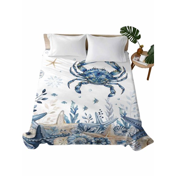 Twin Flat Sheet, Blue Crab Coastal Twin Bed Sheets Only, Soft Microfiber Flat Sheet, Beach Starfish Nautical Coral Shell Hotel Quality Bedding Top Sheet Bedroom Home Dorm Decor