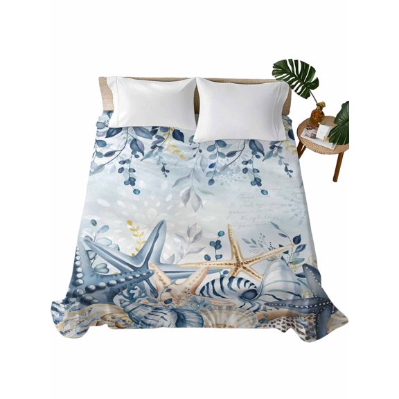 Twin Flat Sheet, Blue Eucalyptus Coastal Twin Bed Sheets Only, Soft Microfiber Flat Sheet, Beach Starfish Shell Nautical Ombre Hotel Quality Bedding Top Sheet Bedroom Home Dorm Decor