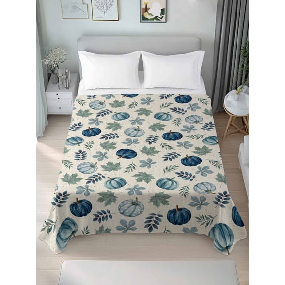 Twin Flat Sheet Only Blue Pumpkin Autumn Thanksgiving Soft Microfiber Cooling Bedding Sheets Maple Leaves Seamless Flat Bed Sheet for Hotel,Home Decor