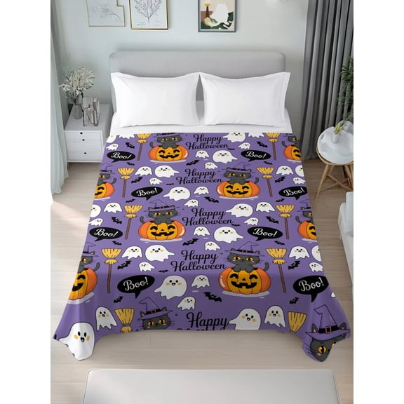Twin Flat Sheet Only Cartoon Pumpkin Ghost Halloween Black Cat Soft Microfiber Cooling Bedding Sheets Witch Hat on Purple Flat Bed Sheet for Hotel,Home Decor