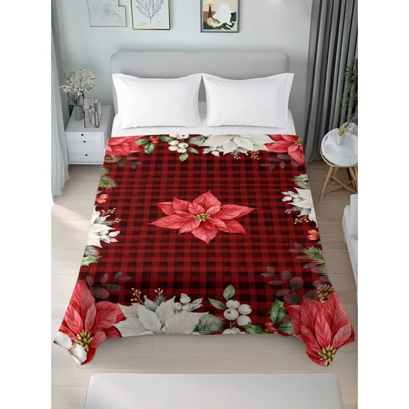 Twin Flat Sheet Only Christmas Poinsettia Flower Soft Microfiber Cooling Bedding Sheets Winter Holly Berry Pinecone Checkered Flat Bed Sheet for Hotel, Home Decor