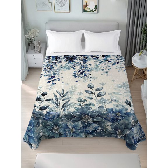 Twin Flat Sheet Only Christmas Poinsettia Ombre Blue Soft Microfiber Cooling Bedding Sheets Vintage Linen Texture Flat Bed Sheet for Hotel, Home Decor
