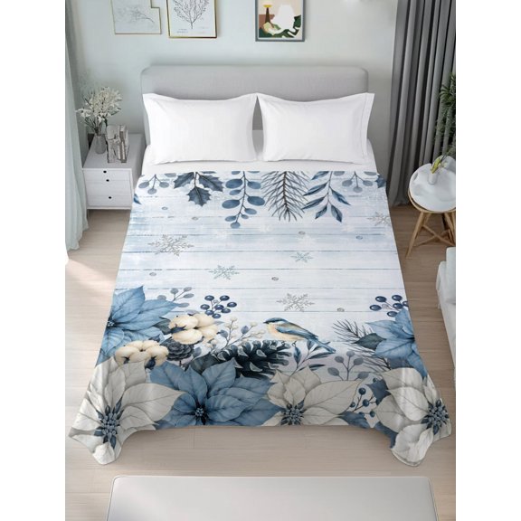 Twin Flat Sheet Only Christmas Poinsettia Pine Cone Leaf Soft Microfiber Cooling Bedding Sheets Winter Snowflake Wood Plank Flat Bed Sheet for Hotel, Home Decor
