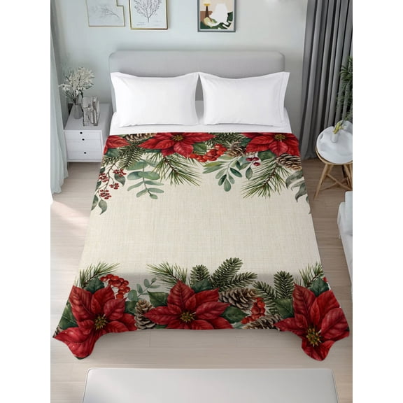 Twin Flat Sheet Only Christmas Red Poinsettia Berry Soft Microfiber Cooling Bedding Sheets Winter Pinecone Leaf Retro Linen Flat Bed Sheet for Hotel, Home Decor