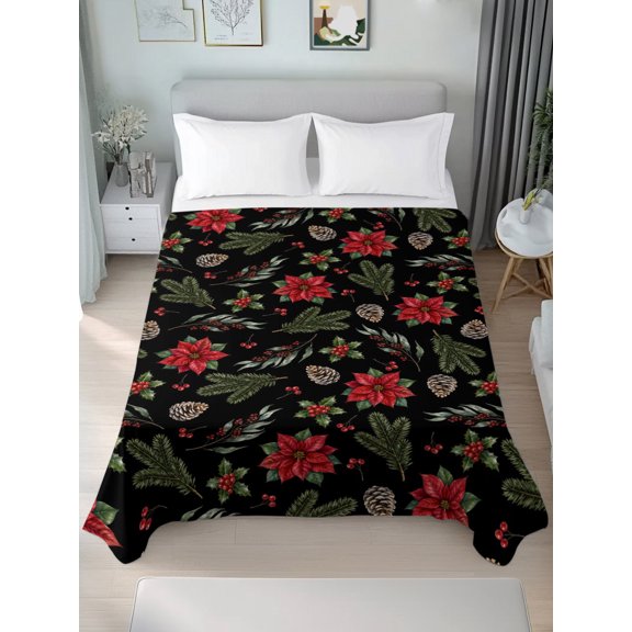 Twin Flat Sheet Only Christmas Red Poinsettia Soft Microfiber Cooling Bedding Sheets Pine Branch on Black Background Flat Bed Sheet for Hotel, Home Decor