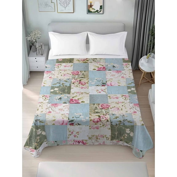 Twin Flat Sheet Only Country Pink Rose Floral Plaid Vintage Linen Soft Microfiber Cooling Bedding Sheets Pastoral Flowers Flat Bed Sheet for Hotel,Home Decor
