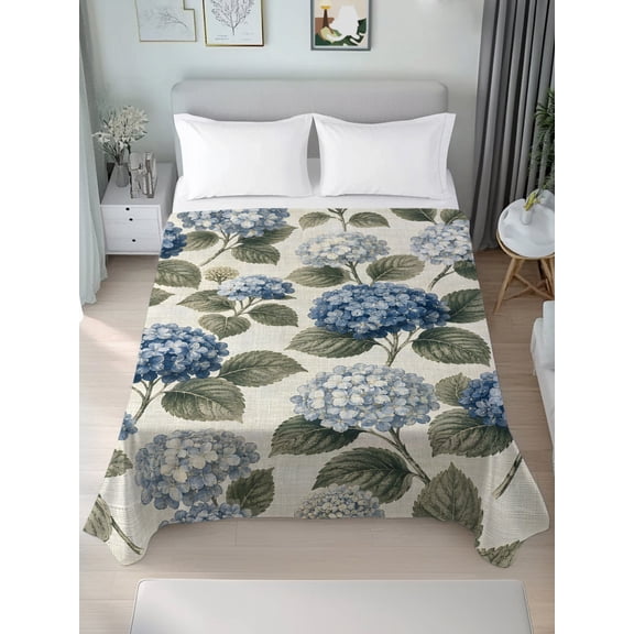 Twin Flat Sheet Only Dusty Blue Hydrangea Flower Soft Microfiber Cooling Bedding Sheets Vintage Floral Leaves Linen Flat Bed Sheet for Hotel,Home Decor
