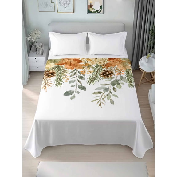 Twin Flat Sheet Only Fall Eucalyptus Leaf Pine Cone Soft Microfiber Cooling Bedding Sheets Farmhouse Autumn Botanical Flat Bed Sheet for Hotel, Home Decor