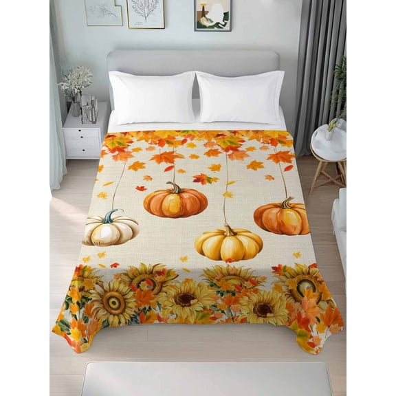 Twin Flat Sheet Only Fall Maple Leaf Harvest Pumpkin Soft Microfiber Cooling Bedding Sheets Thanksgiving Floral Retro Linen Flat Bed Sheet for Hotel,Home Decor