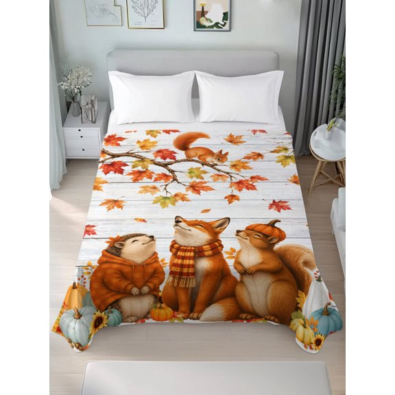 Twin Flat Sheet Only Fall Maple Leaf Pumpkin Wood Plank Soft Microfiber Cooling Bedding Sheets Farm Hedgehog Fox Squirrel Flat Bed Sheet for Hotel,Home Decor