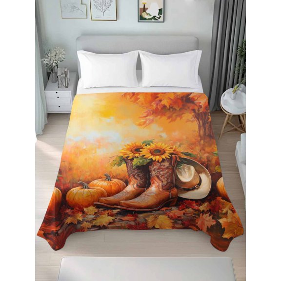 Twin Flat Sheet Only Fall Orange Maple Leaves Cowboy Boots Soft Microfiber Cooling Bedding Sheets Thanksgiving Pumpkin Flat Bed Sheet for Hotel,Home Decor