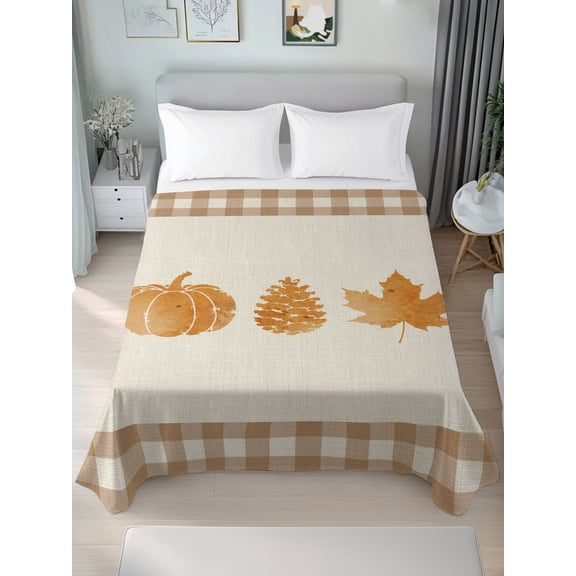 Twin Flat Sheet Only Fall Pumpkin Pine Cone Maple Leaf Soft Microfiber Cooling Bedding Sheets Retro Linen Buffalo Plaid Flat Bed Sheet for Hotel,Home Decor