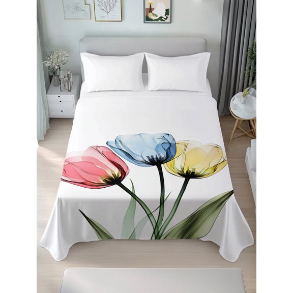 Twin Flat Sheet Only Farm Blue Yellow Pink Flower Tulip Soft Microfiber Cooling Bedding Sheets Spring Floral on White Flat Bed Sheet for Hotel, Home Decor
