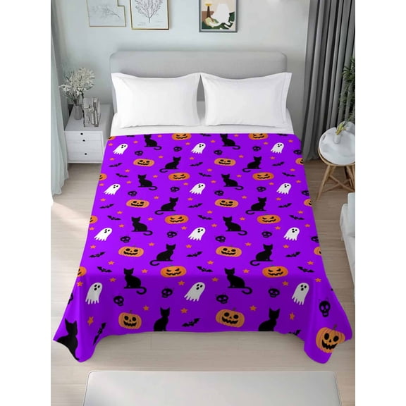Twin Flat Sheet Only Halloween Seamless Cat Pumpkin Ghost Soft Microfiber Cooling Bedding Sheets Scary Skull Purple Flat Bed Sheet for Hotel,Home Decor