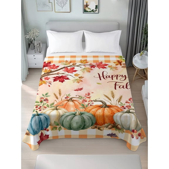 Twin Flat Sheet Only Happy Fall Pumpkin Maple Leaf Soft Microfiber Cooling Bedding Sheets Thanksgiving Orange Lattice Flat Bed Sheet for Hotel,Home Decor