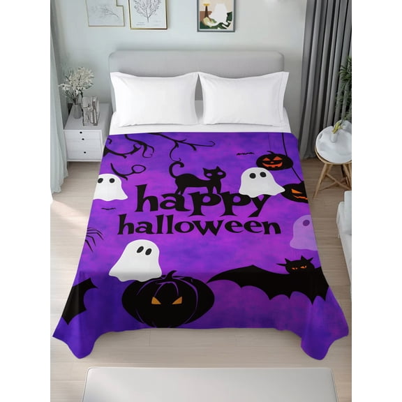 Twin Flat Sheet Only Happy Hallooween White Ghosts Soft Microfiber Cooling Bedding Sheets Black Pumpkins on Purple Flat Bed Sheet for Hotel,Home Decor