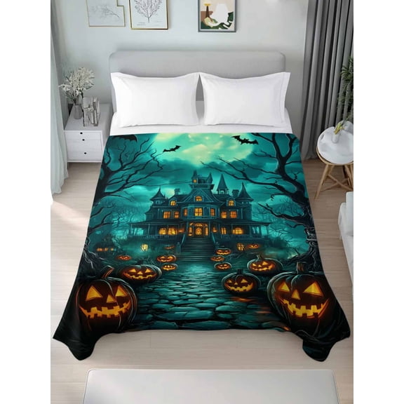 Twin Flat Sheet Only Horror Halloween Haunted Castle Soft Microfiber Cooling Bedding Sheets Pumpkin Ghost Bare Tree Flat Bed Sheet for Hotel,Home Decor