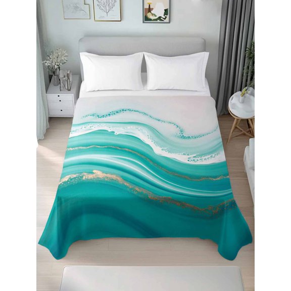 Twin Flat Sheet Only Marble Teal Stripes Gradient Ocean Soft Microfiber Cooling Bedding Sheets Watercolor Abstract Geometric Flat Bed Sheet for Hotel, Home Decor