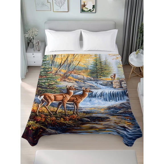 Twin Flat Sheet Only Natural Wild Deer Stream Forest Soft Microfiber Cooling Bedding Sheets Country Field Scenery Flat Bed Sheet for Hotel, Home Decor