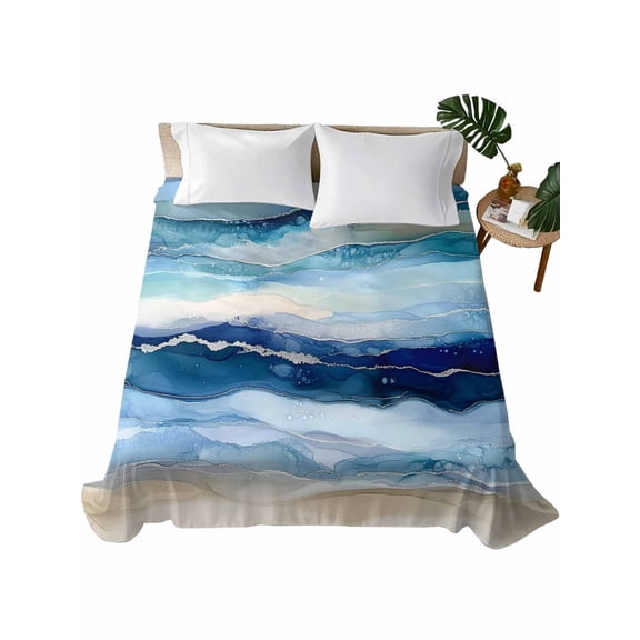 Twin Flat Sheet, Navy Blue Coastal Beach Twin Bed Sheets Only, Soft Microfiber Flat Sheet, Summer Nautical Abstract Ombre Art Hotel Quality Bedding Top Sheet Bedroom Home Dorm Decor