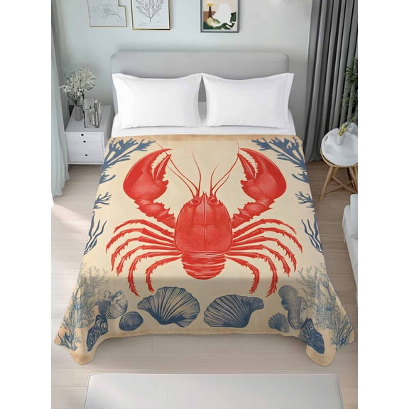 Twin Flat Sheet Only Ocean Red Lobster Seaweed Soft Microfiber Cooling Bedding Sheets Marine Shell Coral on Light Brown Flat Bed Sheet for Hotel,Home Decor