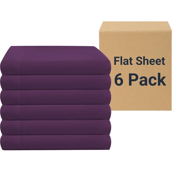 Twin Flat Sheet Only 6 Pack, Durable Dark Purple Top Bed Sheets Hypoallergenic Soft Brushed Microfiber Color-Coded Label, 66"x96"