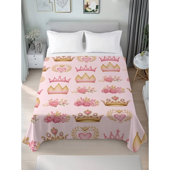 Twin Flat Sheet Only Abstract Pink Flowers Princess Crown Soft Microfiber Cooling Bedding Sheets Rose Love Heart Flat Bed Sheet